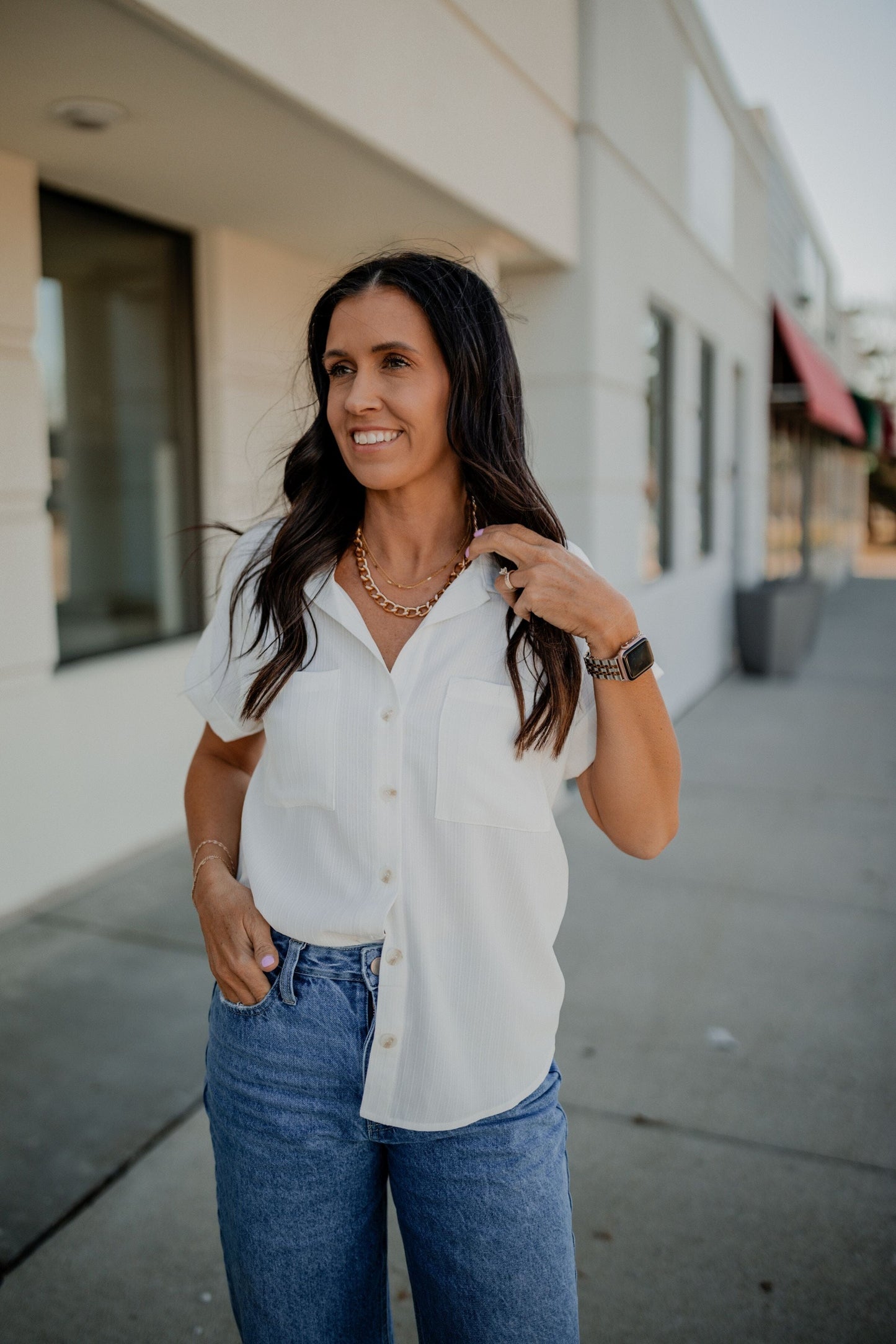 Ashley Cuffed Sleeve Button Down Top blu pepper 