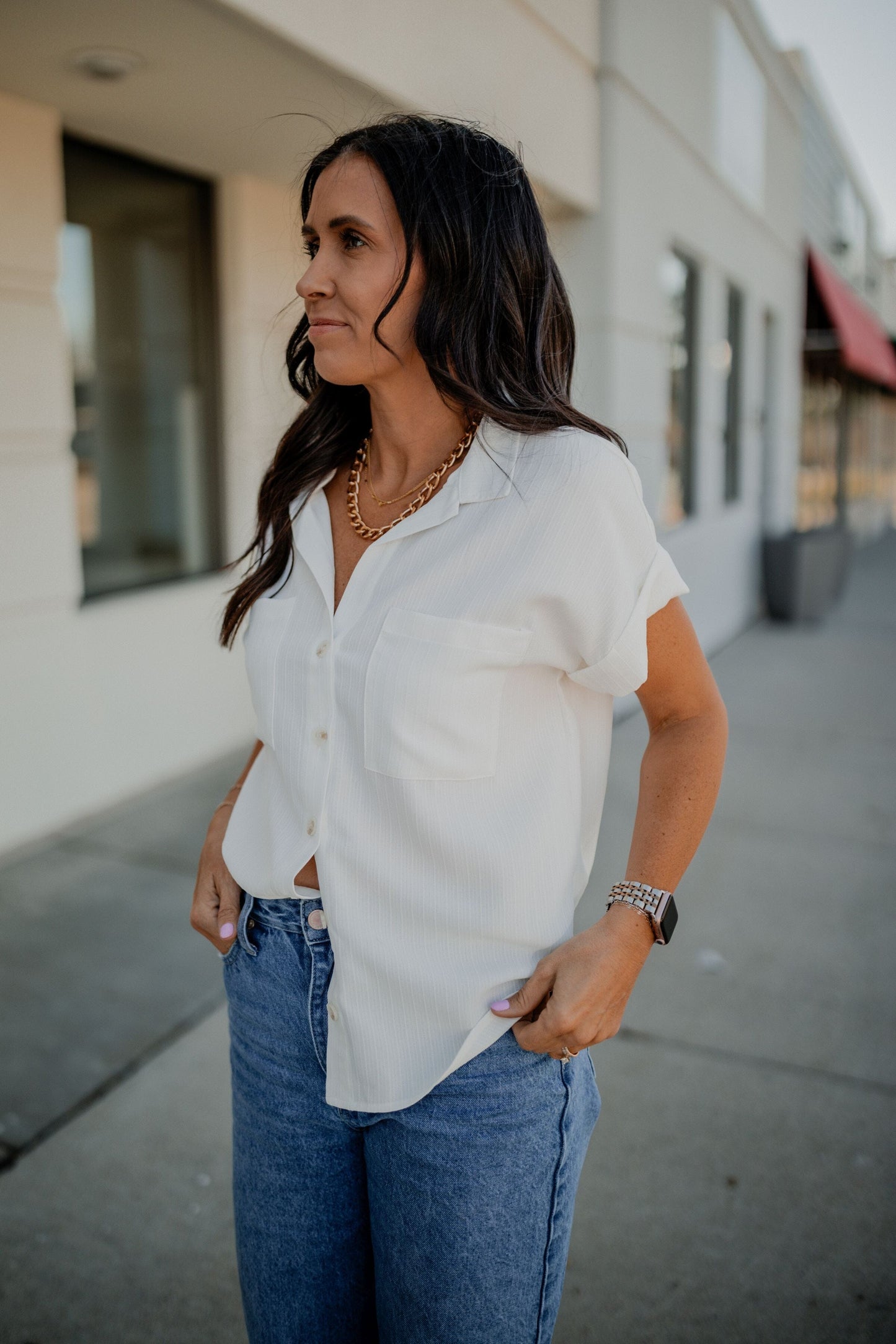 Ashley Cuffed Sleeve Button Down Top blu pepper 