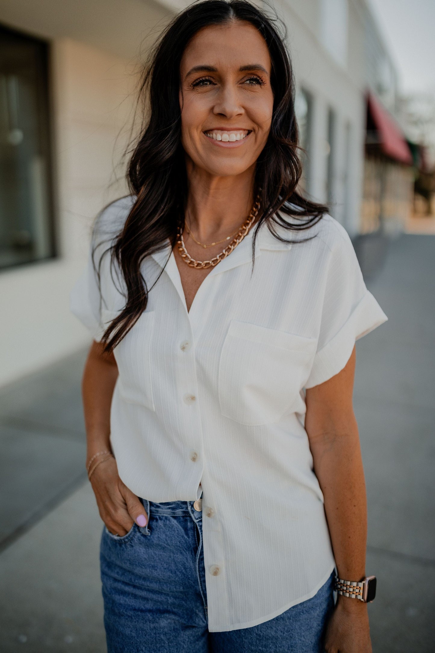 Ashley Cuffed Sleeve Button Down Top blu pepper 