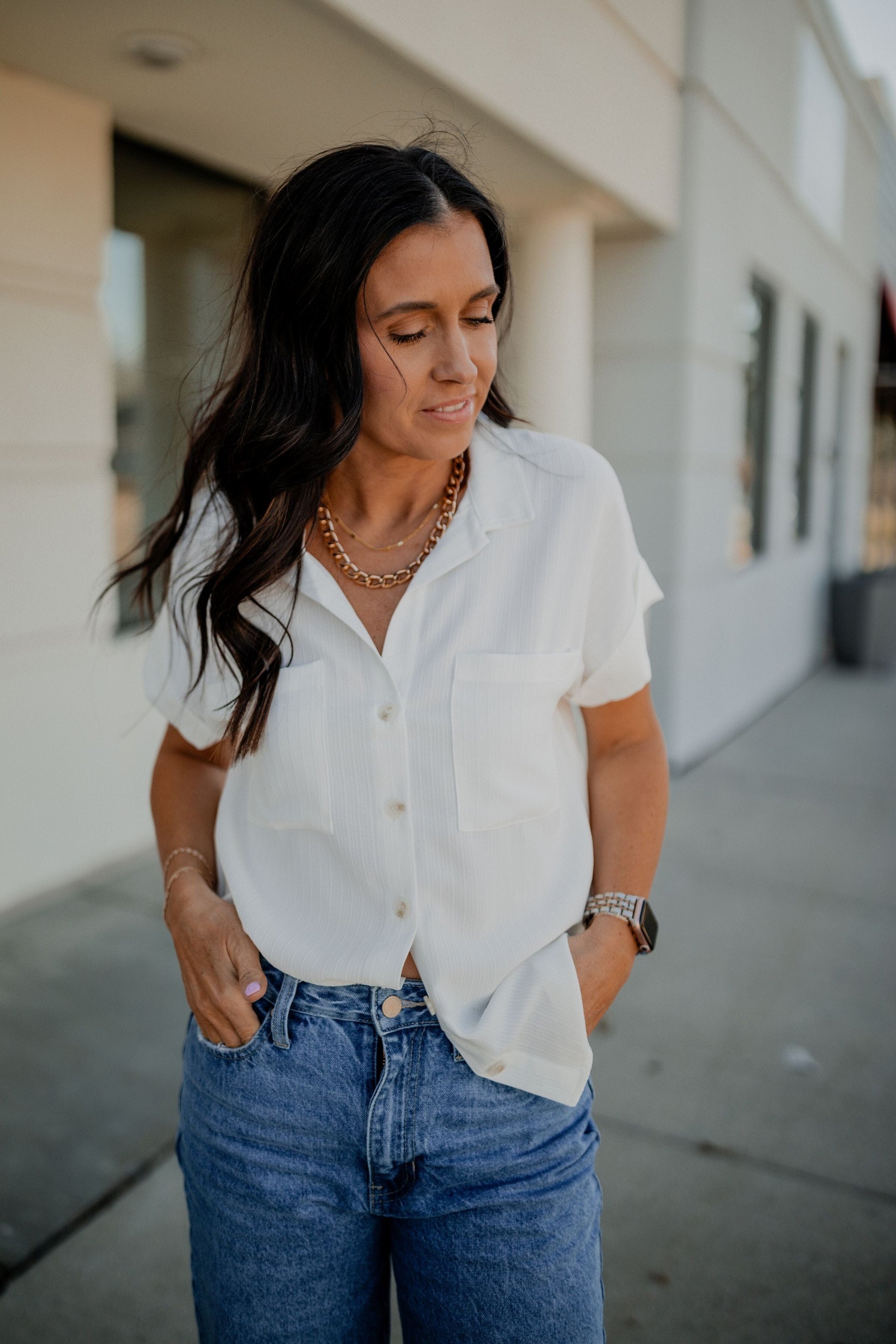 Ashley Cuffed Sleeve Button Down Top blu pepper 