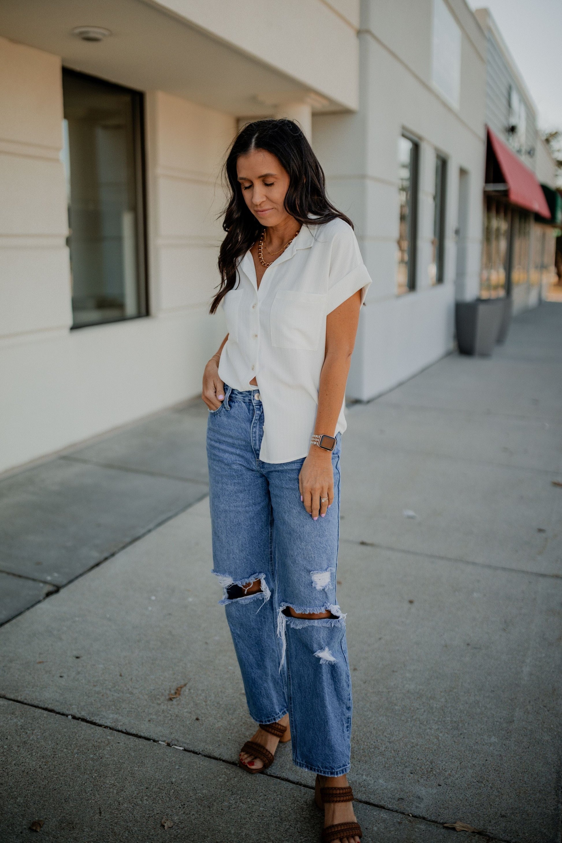 Ashley Cuffed Sleeve Button Down Top blu pepper 