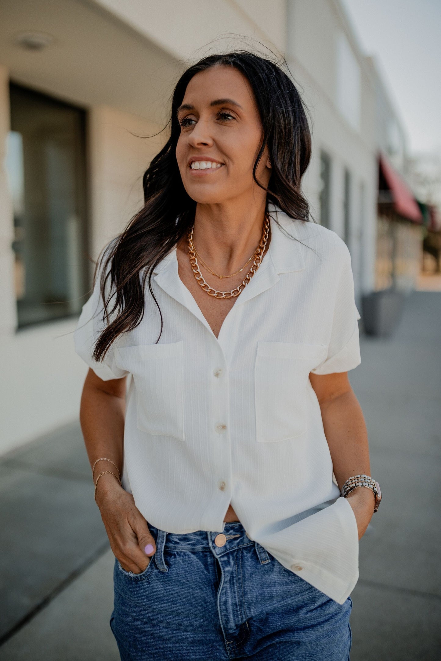 Ashley Cuffed Sleeve Button Down Top blu pepper 