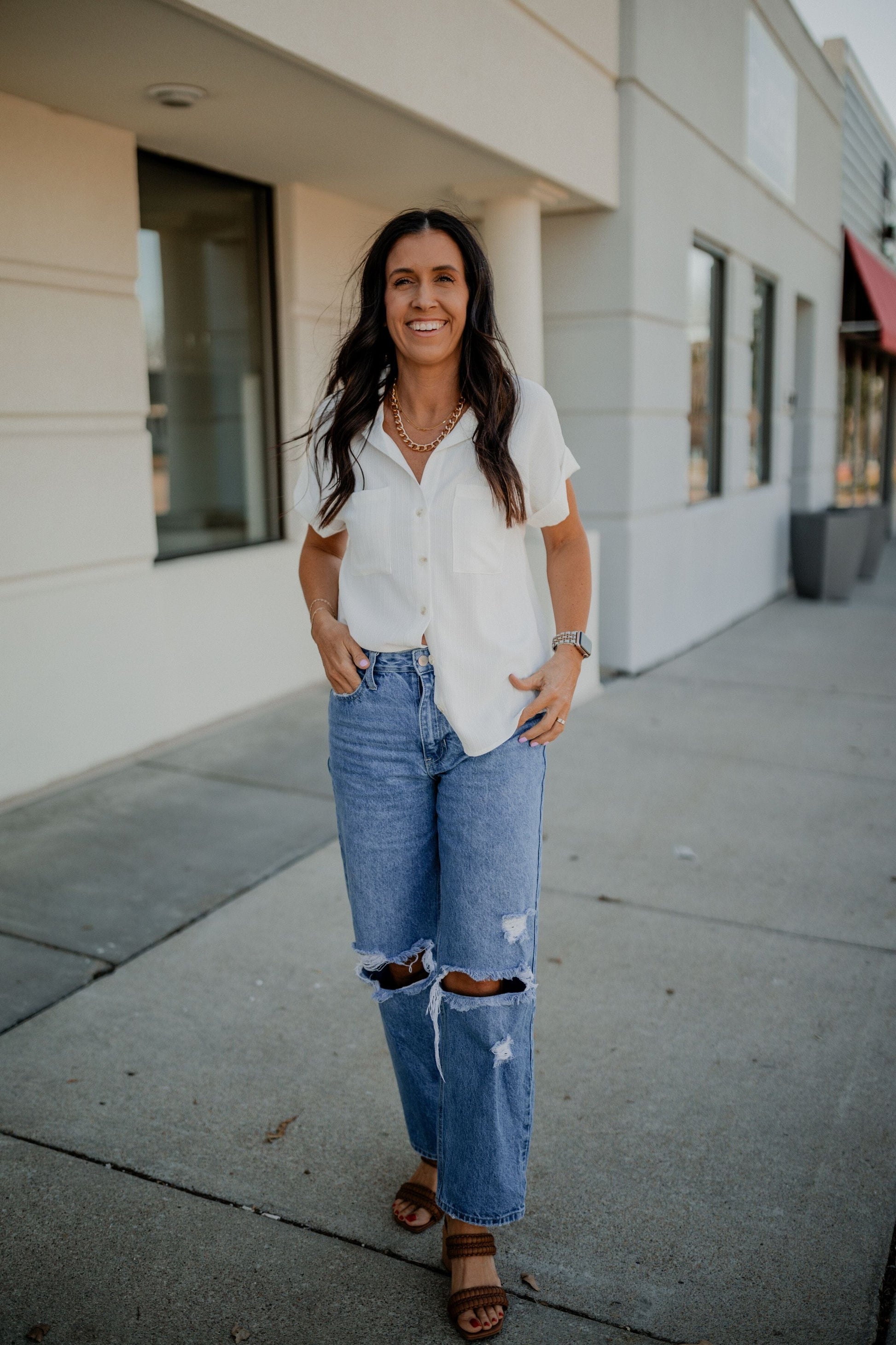 Ashley Cuffed Sleeve Button Down Top blu pepper 