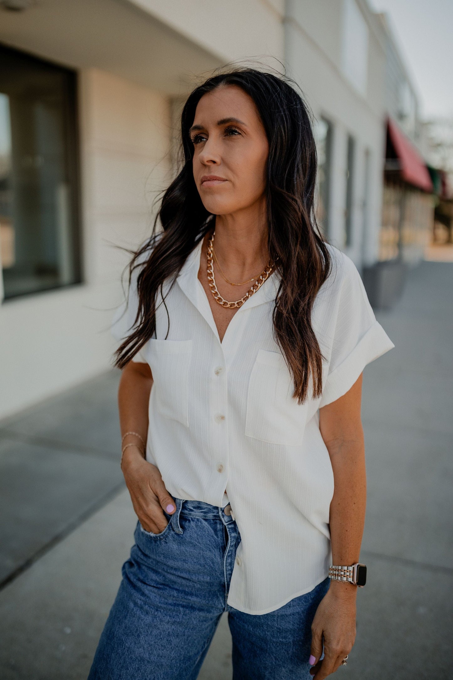 Ashley Cuffed Sleeve Button Down Top blu pepper 