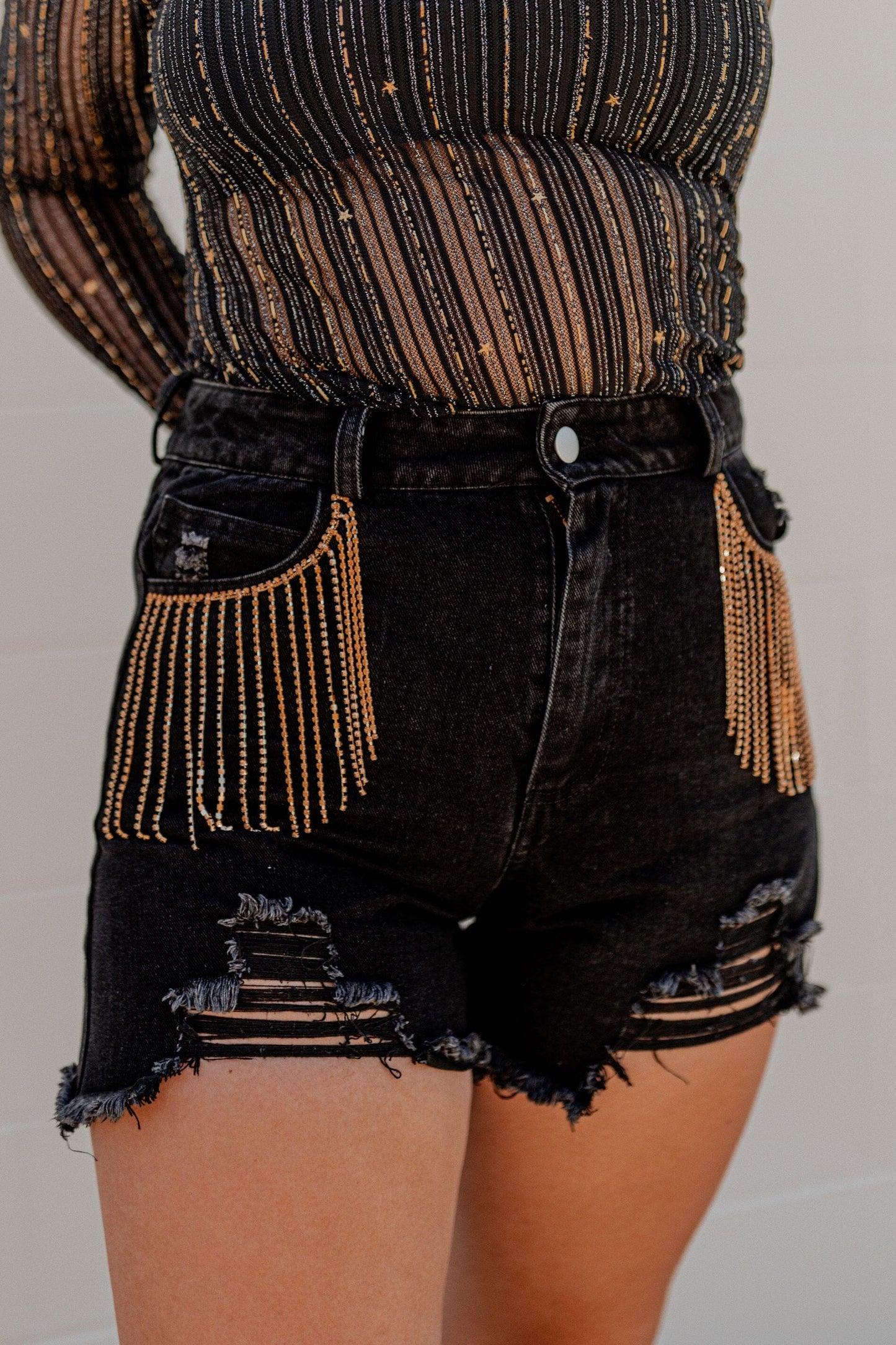 Eliza Gold Fringe Cutoff Shorts shorts blue b 