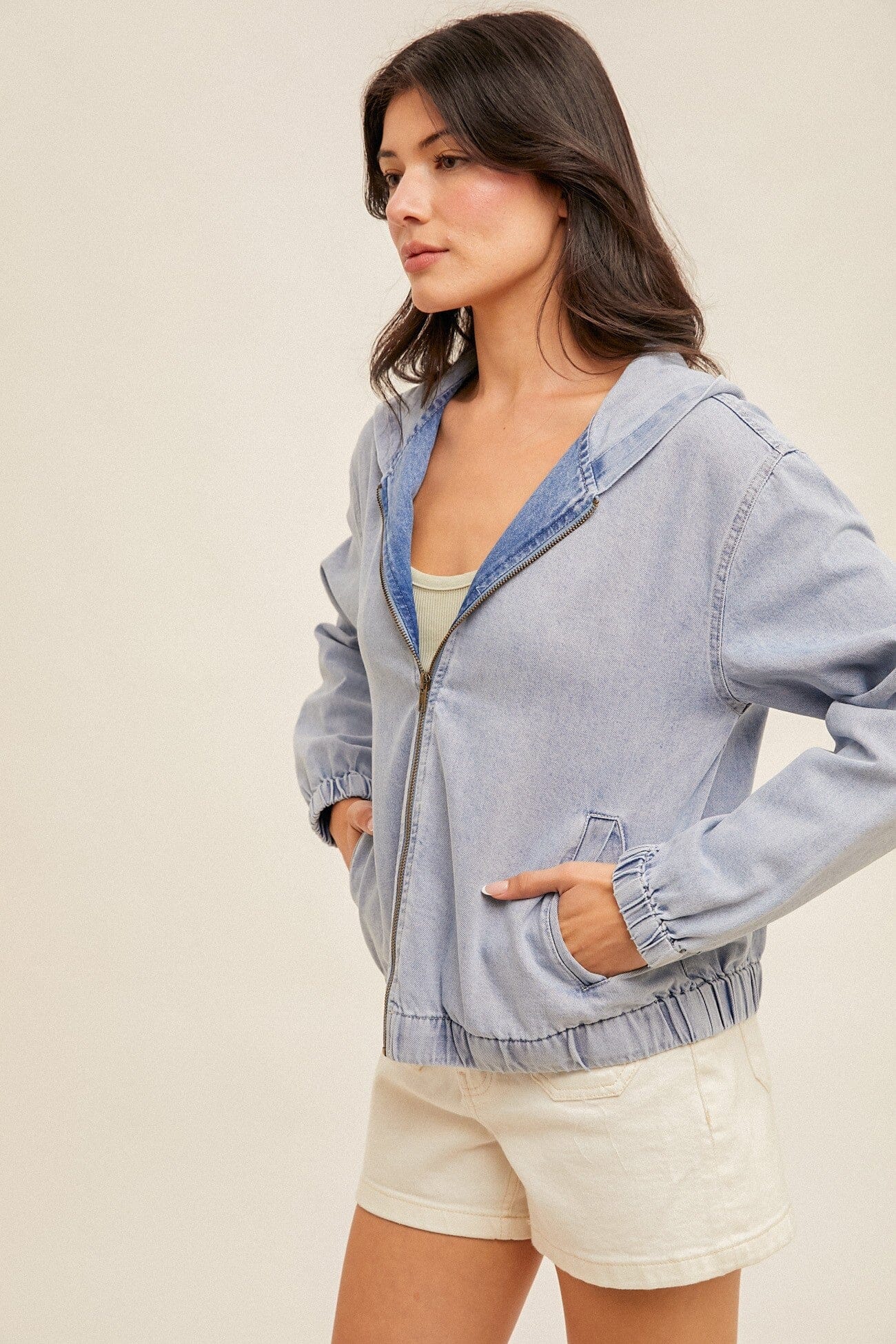 Emery Denim Bomber Jacket hem and thread 