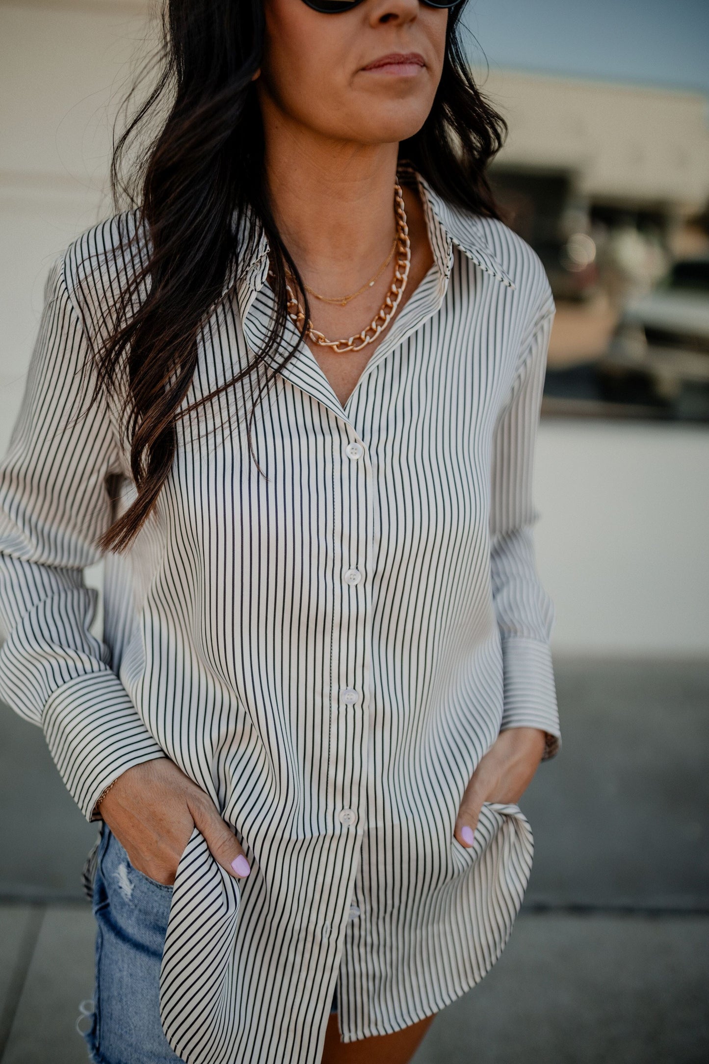 Pinstripe Button Up Top Top blu pepper 