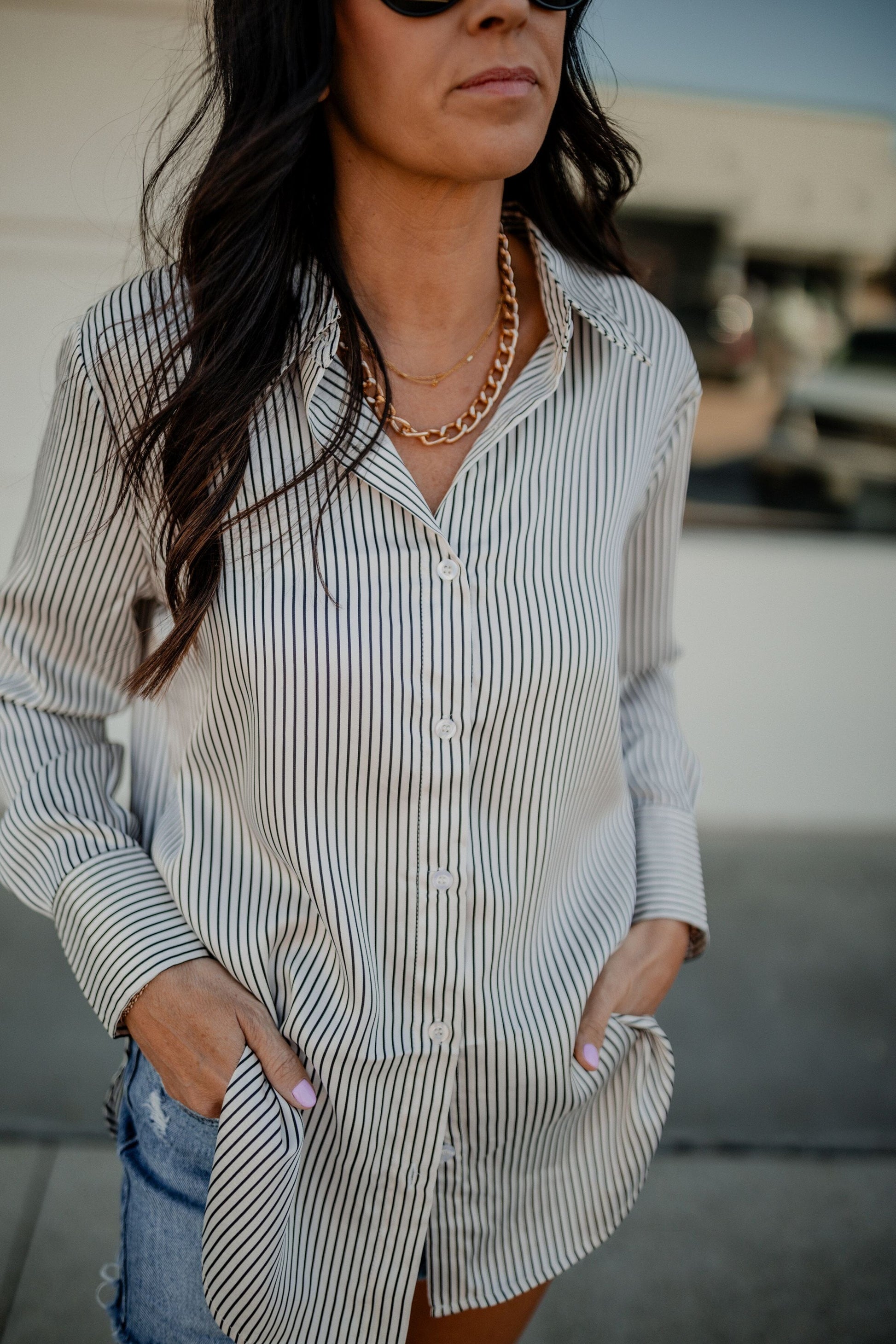 Pinstripe Button Up Top Top blu pepper 