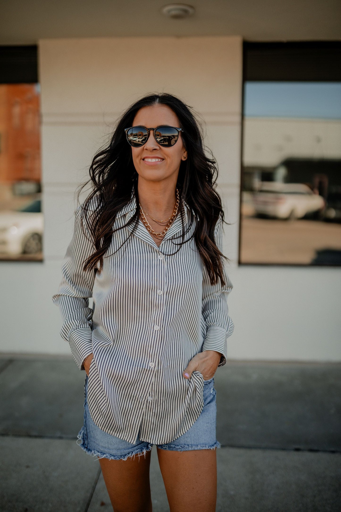 Pinstripe Button Up Top Top blu pepper 