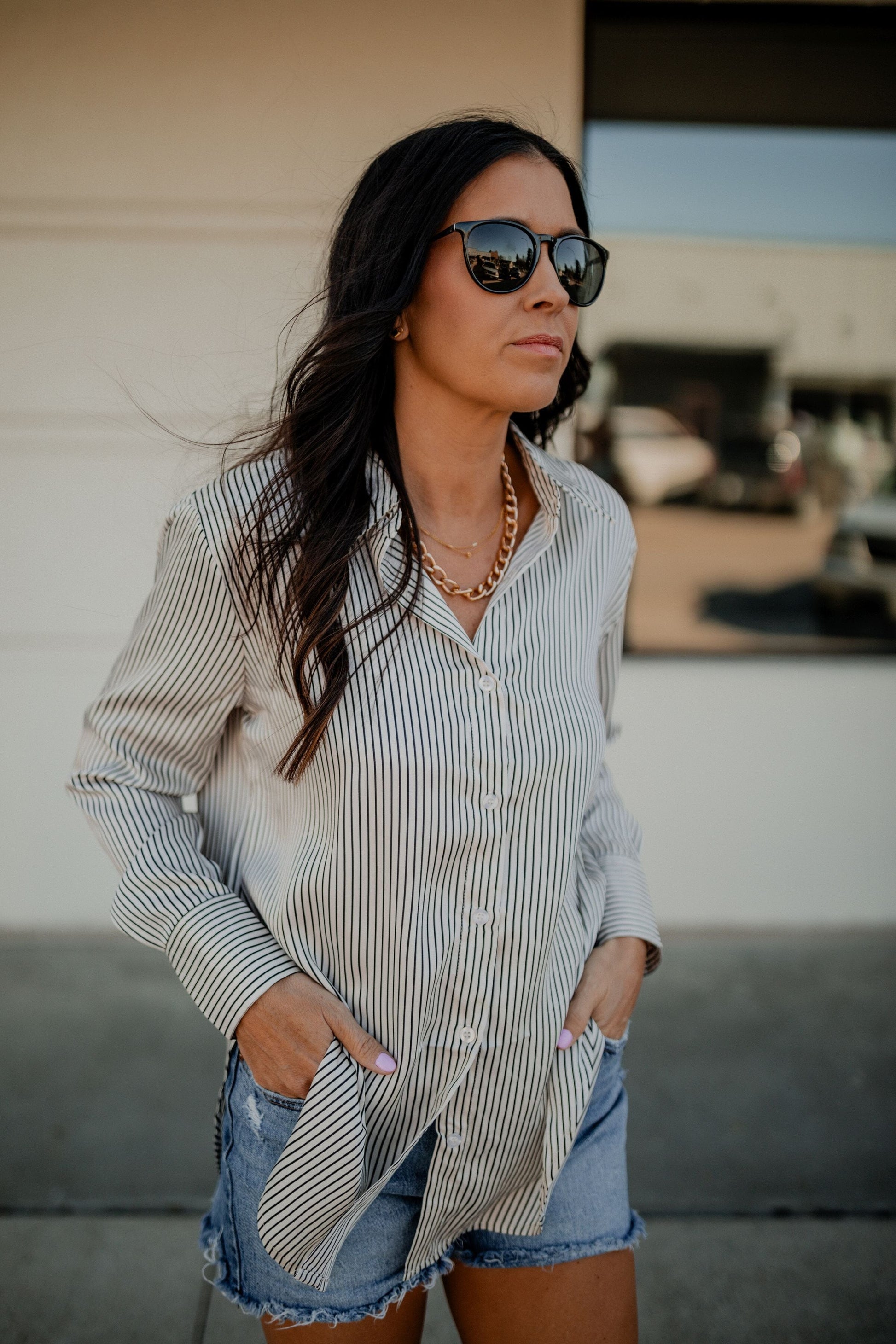 Pinstripe Button Up Top Top blu pepper 