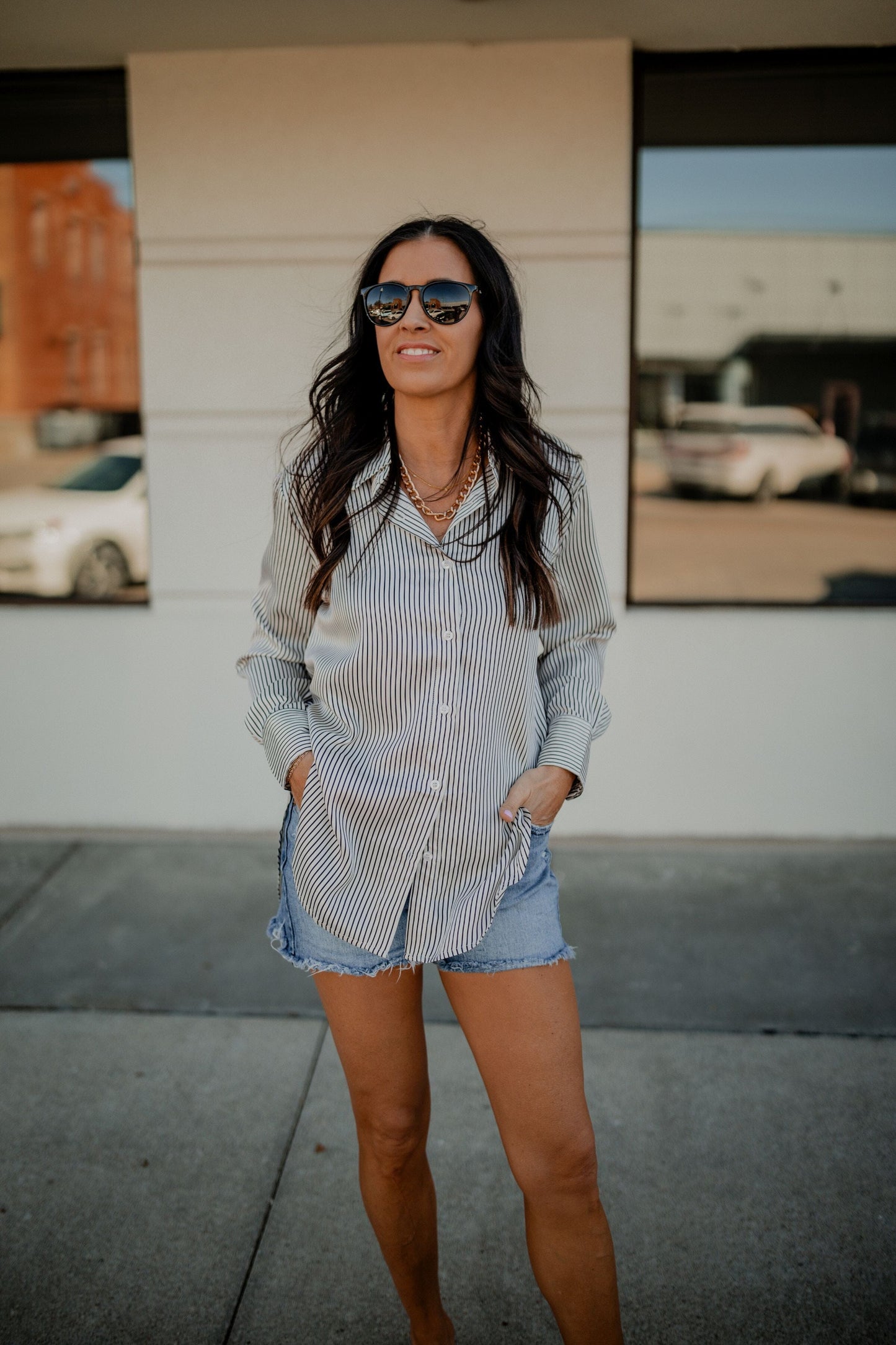 Pinstripe Button Up Top Top blu pepper 