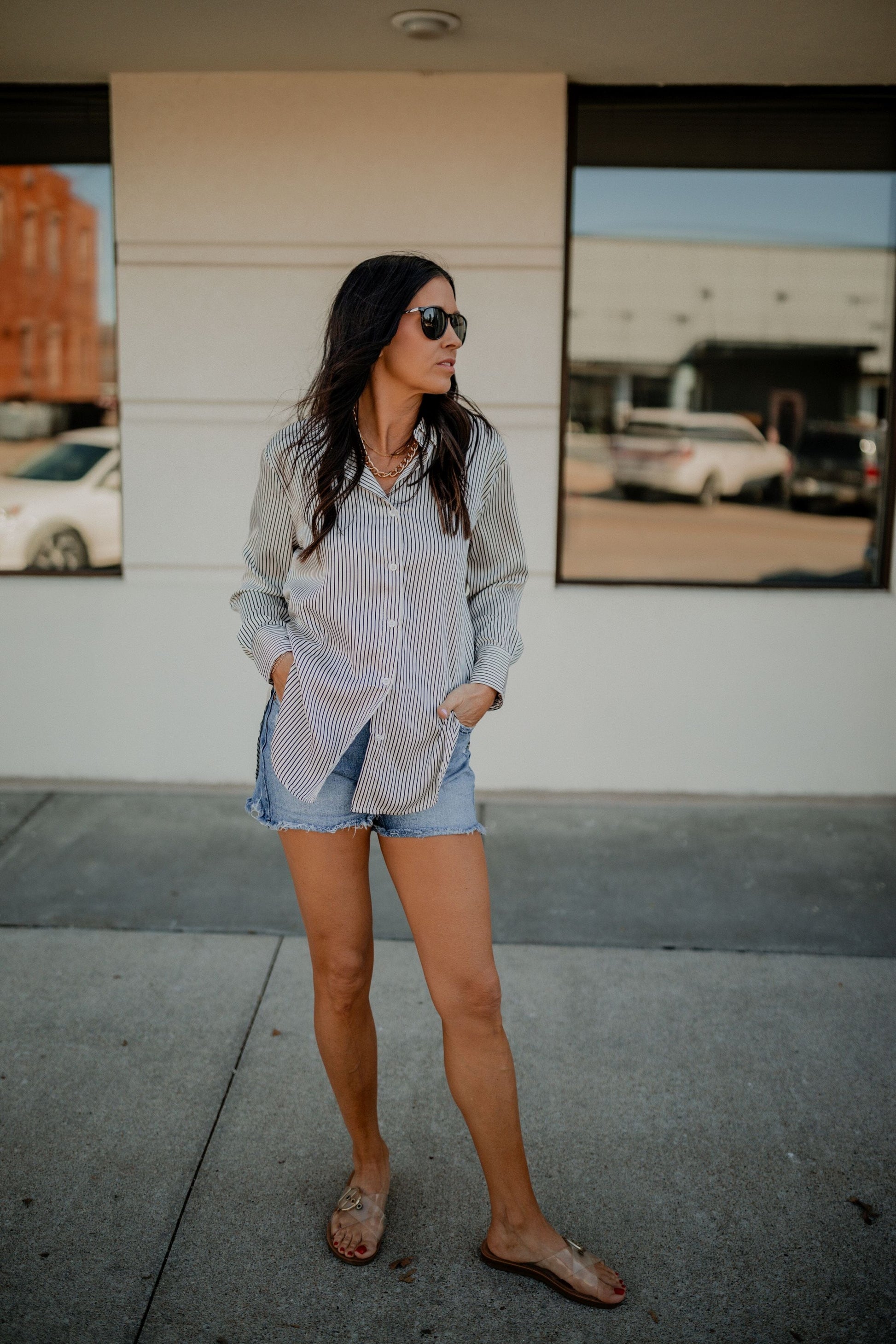 Pinstripe Button Up Top Top blu pepper 