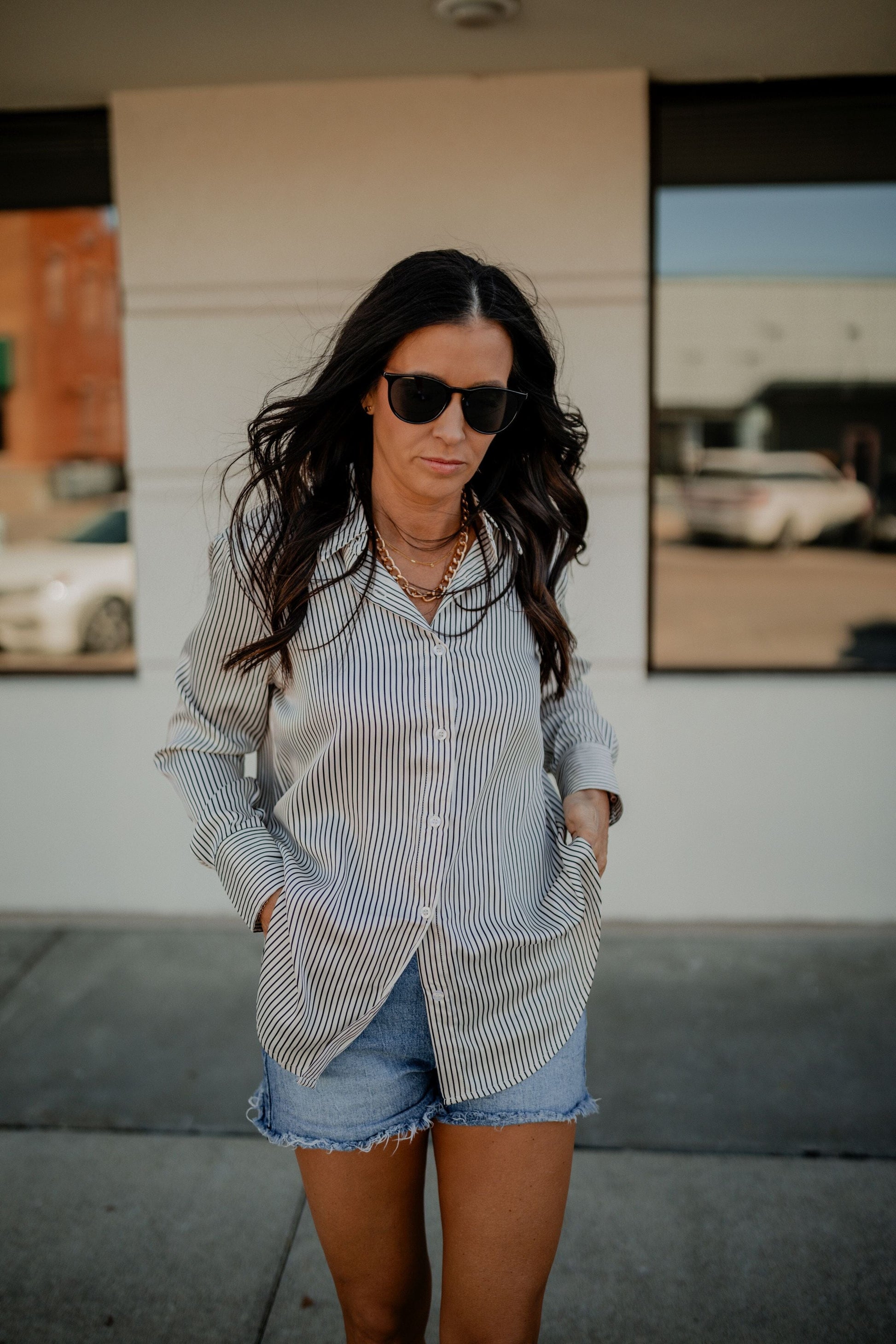 Pinstripe Button Up Top Top blu pepper 