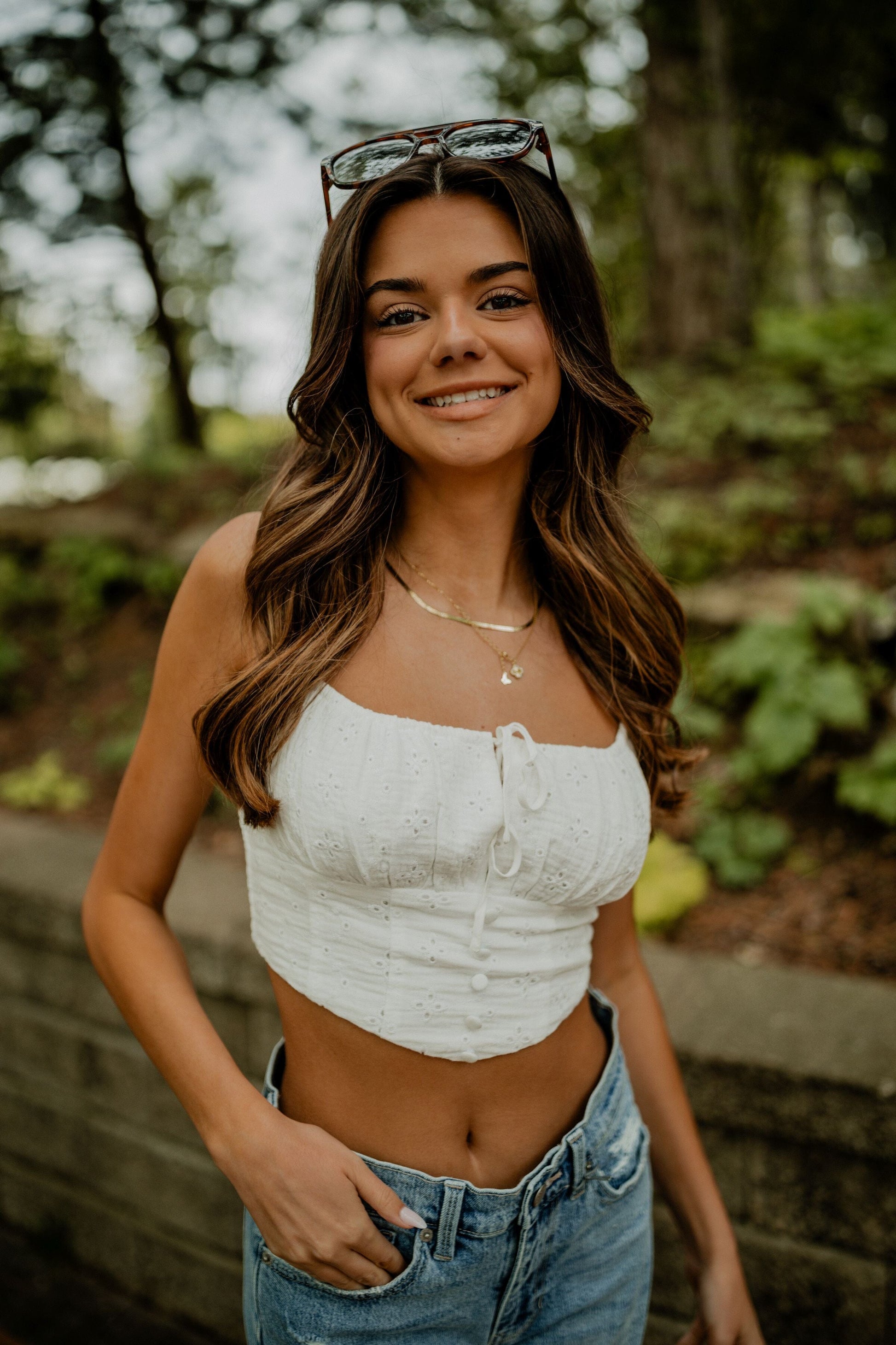 White Eyelet Button Crop Top Top sky to moon 