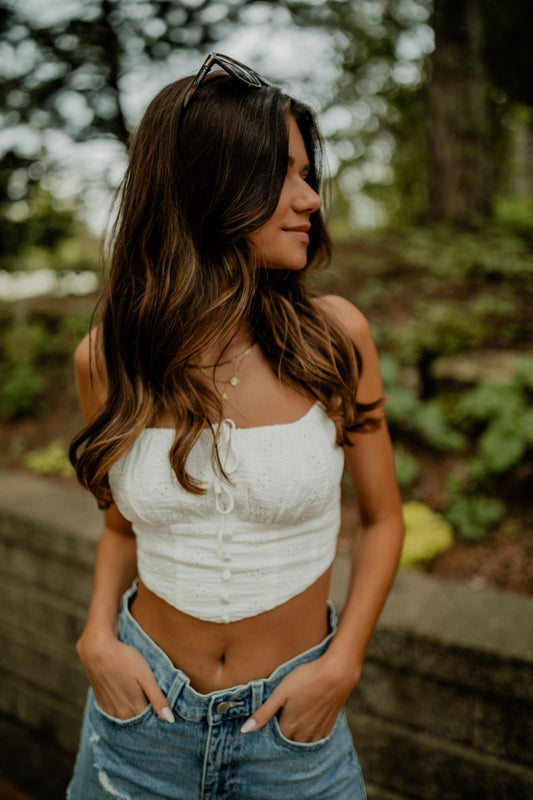 White Eyelet Button Crop Top Top sky to moon 