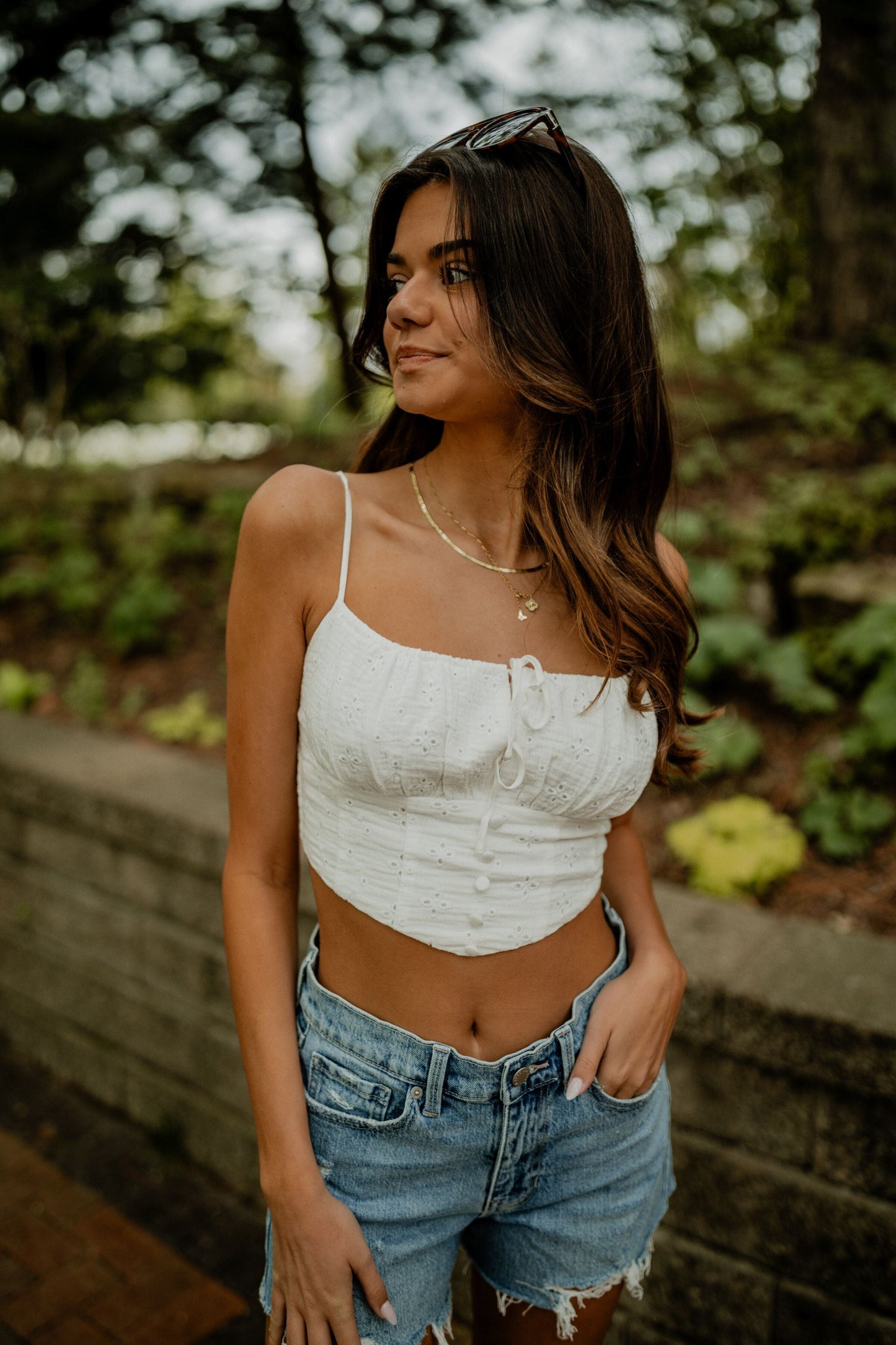 White Eyelet Button Crop Top Top sky to moon 